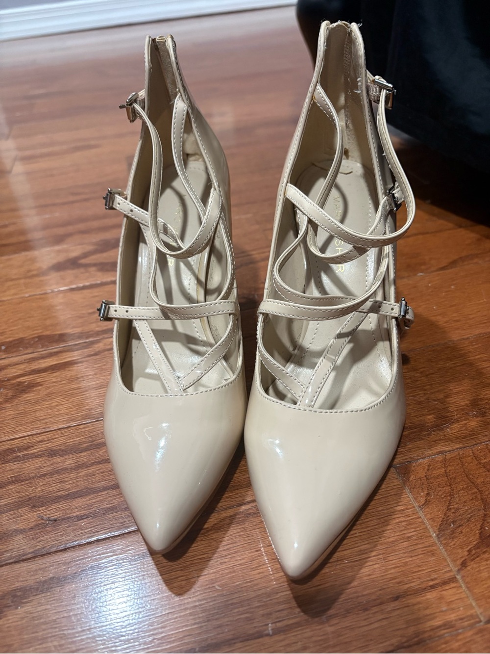 Marc Fisher Nude Patent Pointed-Toe Strappy Pumps